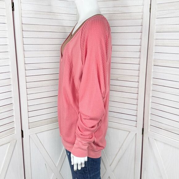 Free People Santa Clara Thermal Oversized Shirt Coral Pink Orange Medium - Picture 3 of 14